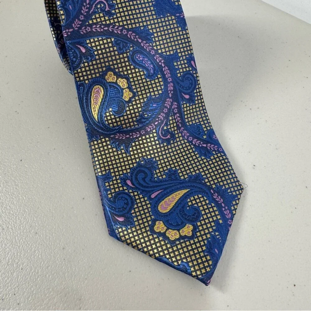 Imani Uomo Paisley Blue and Gold Men's Silk Tie Pattern Classic Designer Necktie